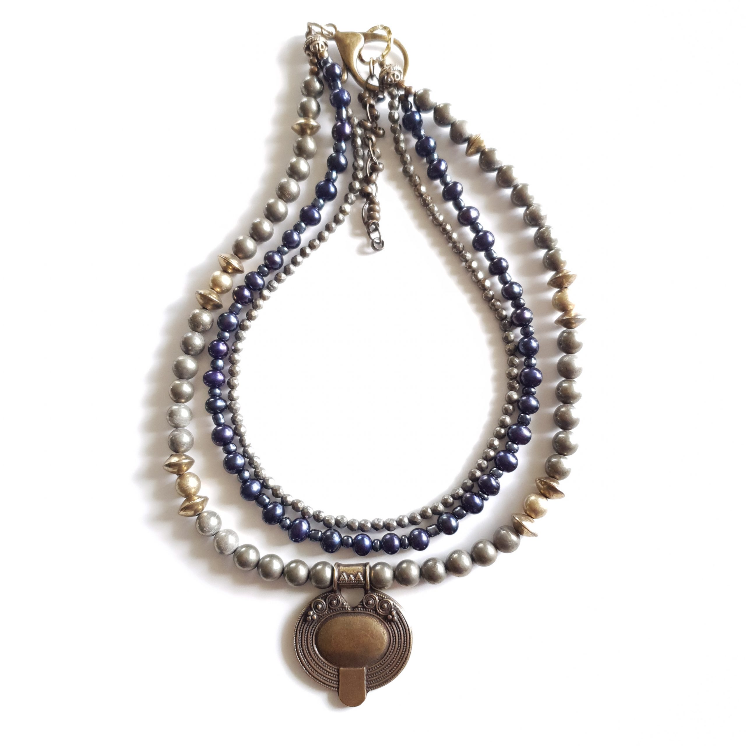 Rajasthan Tribal Pendant with Blue Freshwater Pearls - Bojangles Jewellery